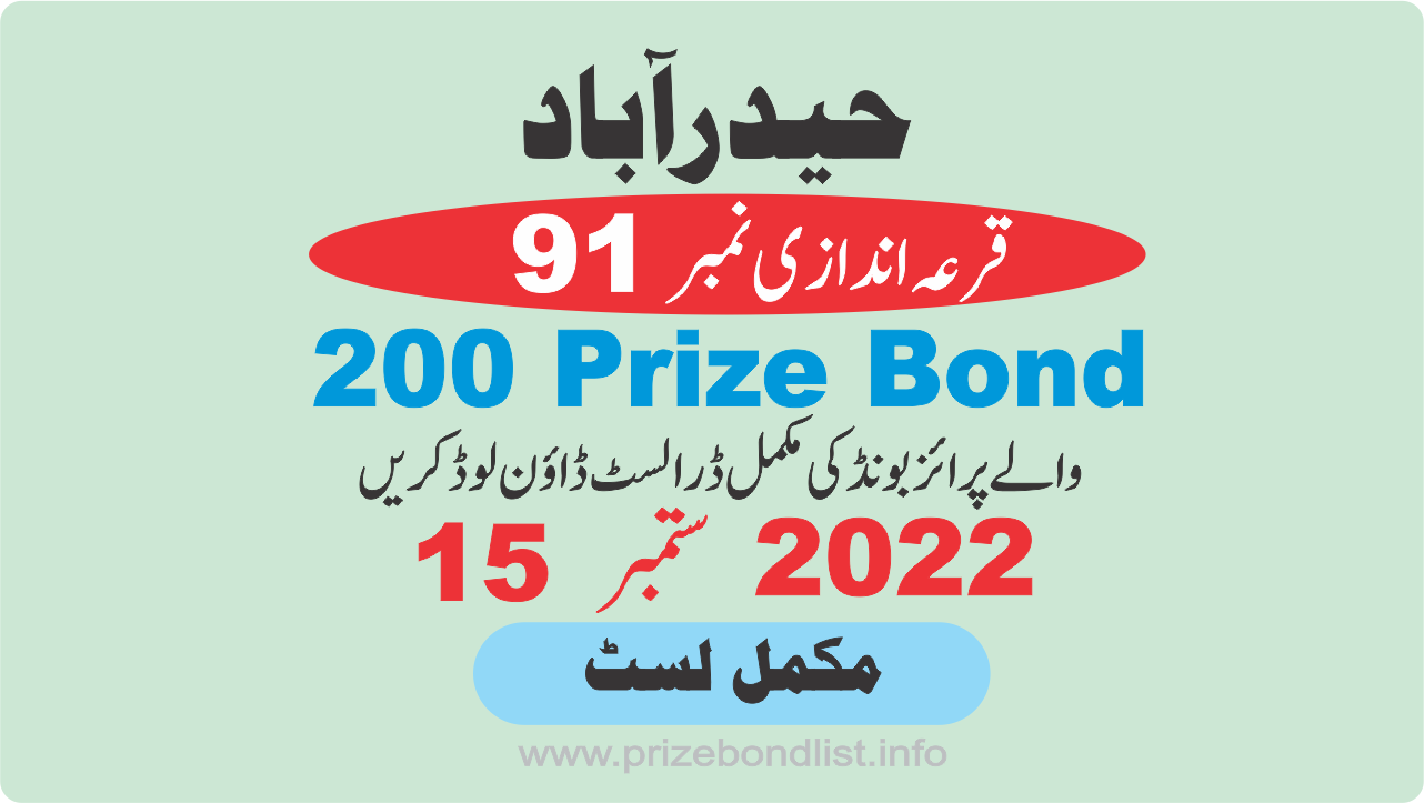 200 Prize Bond List Draw 91 Hyderabad on 15 September 2022
